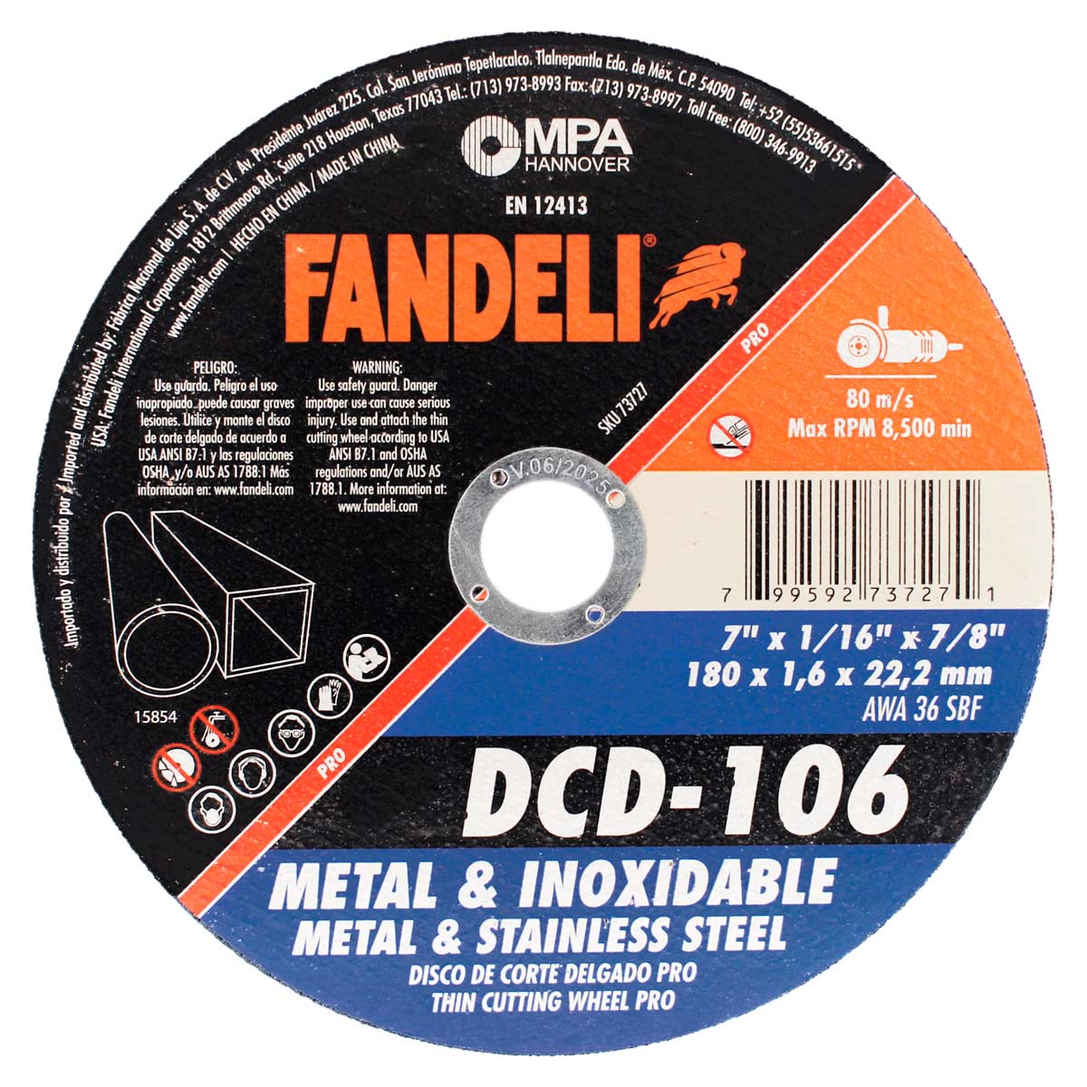 Disco para corte de metal y acero inoxidable 7" DCD-106 Fandeli